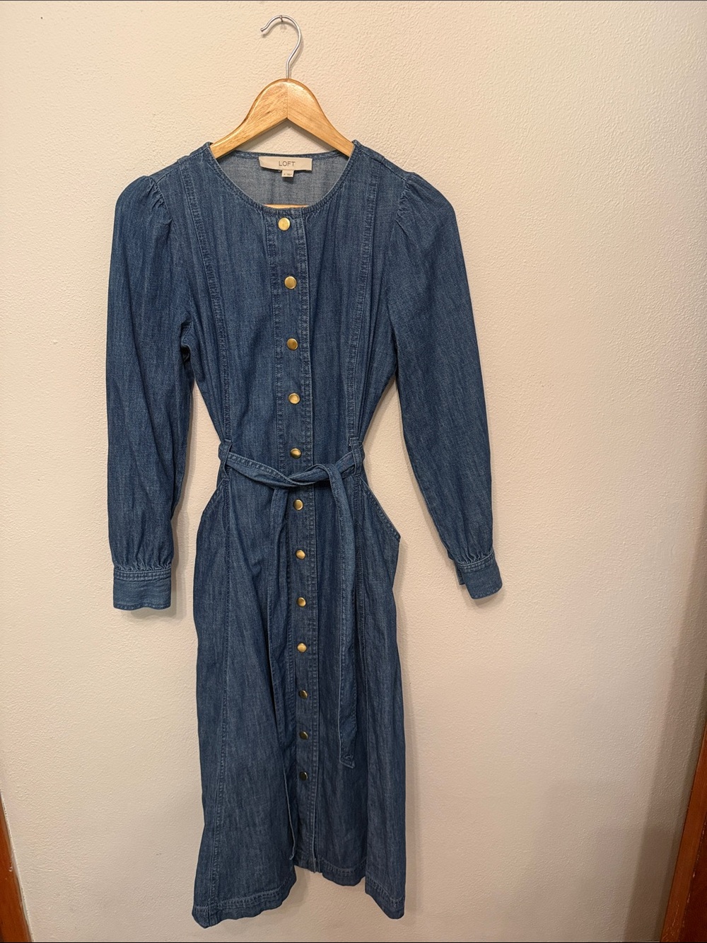 LOFT Indigo Denim Button-Down Midi Dress with Self-Tie Belt